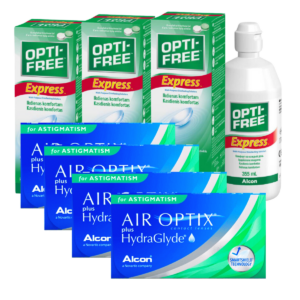 עדשות מגע חודשיות צילינדר  אייר אופטיקס + שלישיית תמיסות  Air Optix hydraglide Astigmetism Combo Deal