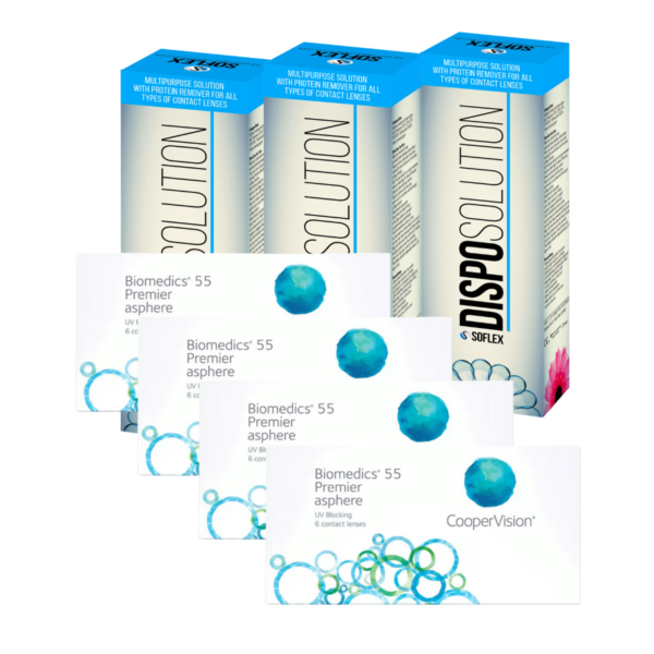 עדשות מגע חודשיות ביומדיקס אוולושיין + שלישיית תמיסות Biomedics 55 Evolution Combo Deal