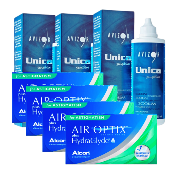 עדשות מגע חודשיות צילינדר אייר אופטיקס היידרהגלייד + שלישיית תמיסות Air Optix hydraglide Astigmetism Combo Deal