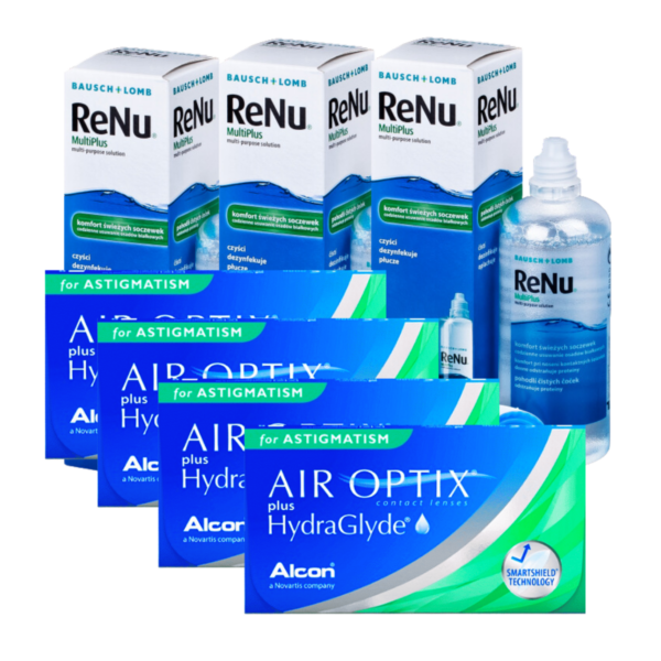 עדשות מגע חודשיות צילינדר אייר אופטיקס היידרהגלייד + שלישיית תמיסות Air Optix hydraglide Astigmetism Combo Deal