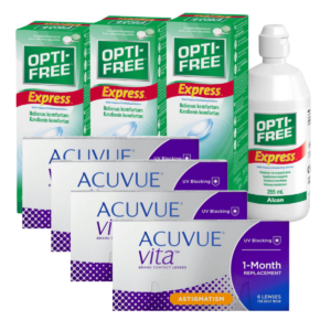 עדשות מגע חודשיות צילינדר  אקיוביו ויטה + שלישיית תמיסות  acuvue vita astigmatism Combo Deal