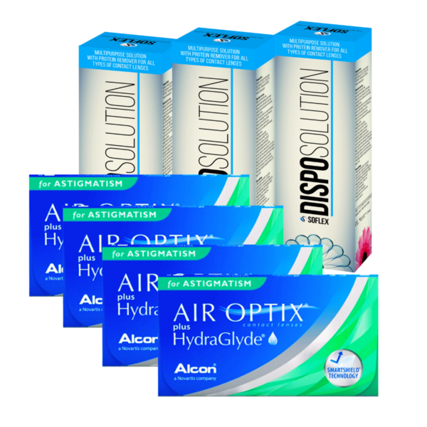 עדשות מגע חודשיות צילינדר אייר אופטיקס היידרהגלייד + שלישיית תמיסות Air Optix hydraglide Astigmetism Combo Deal